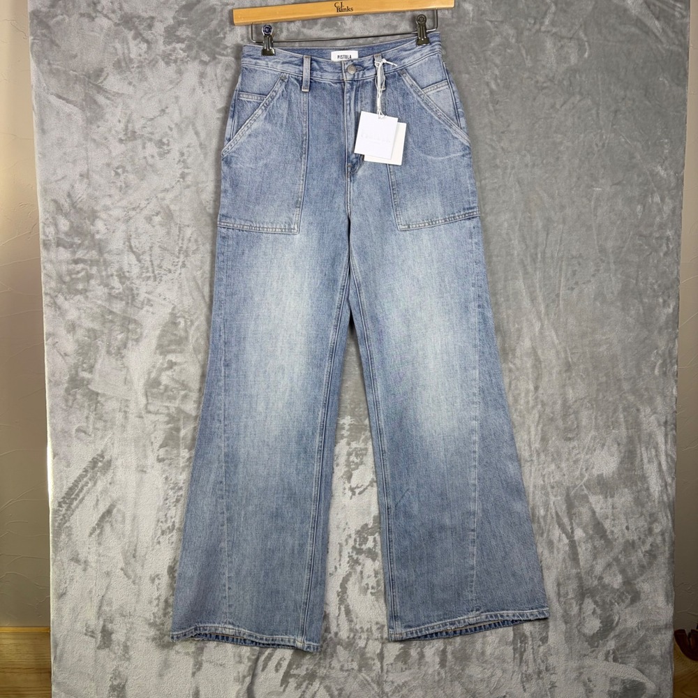 NWT Pistola Ruby Utility Wide Leg Jeans Size 27 Kona Light Wash Denim Blue